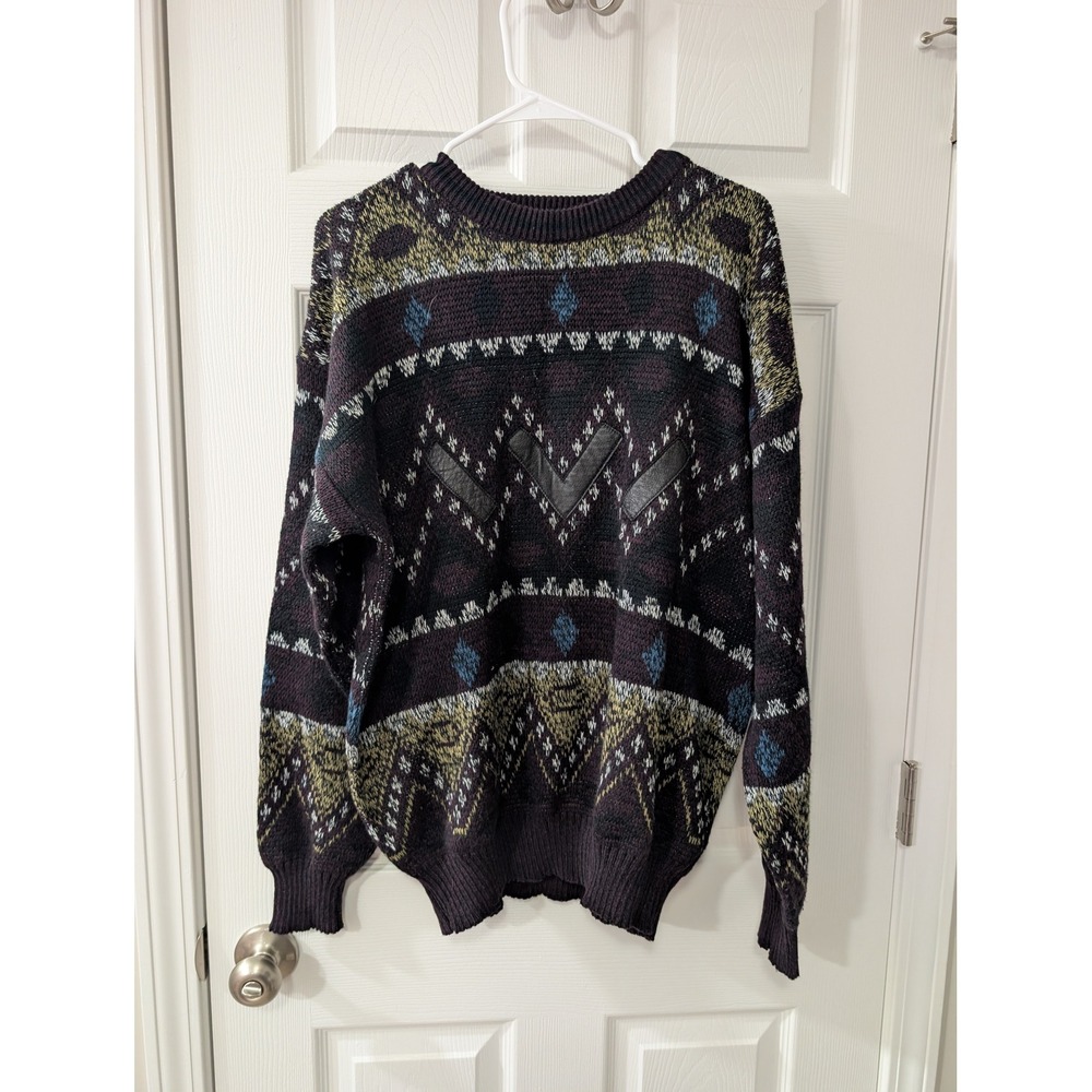 VTG, 90s Grandpa Sweater, Mens Large, Geometric Pattern, Black/Plum, Crew Neck